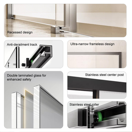 Sliding Recessed Framed Shower Door with 5/16" Laminated Tempered Glass