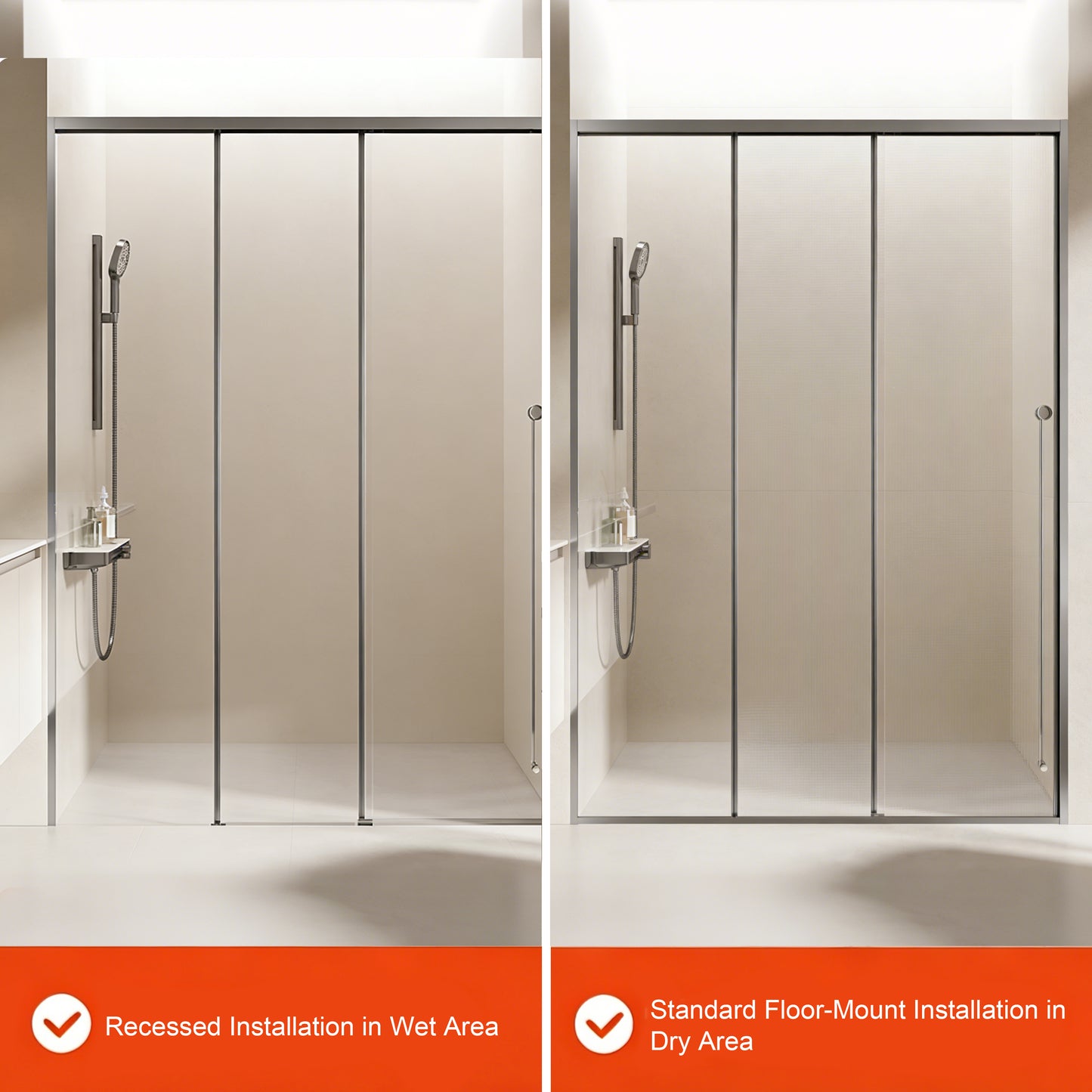 3-Panel Sliding Recessed Semi-Frameless Shower Door with 5/16" Laminated Tempered Glass
