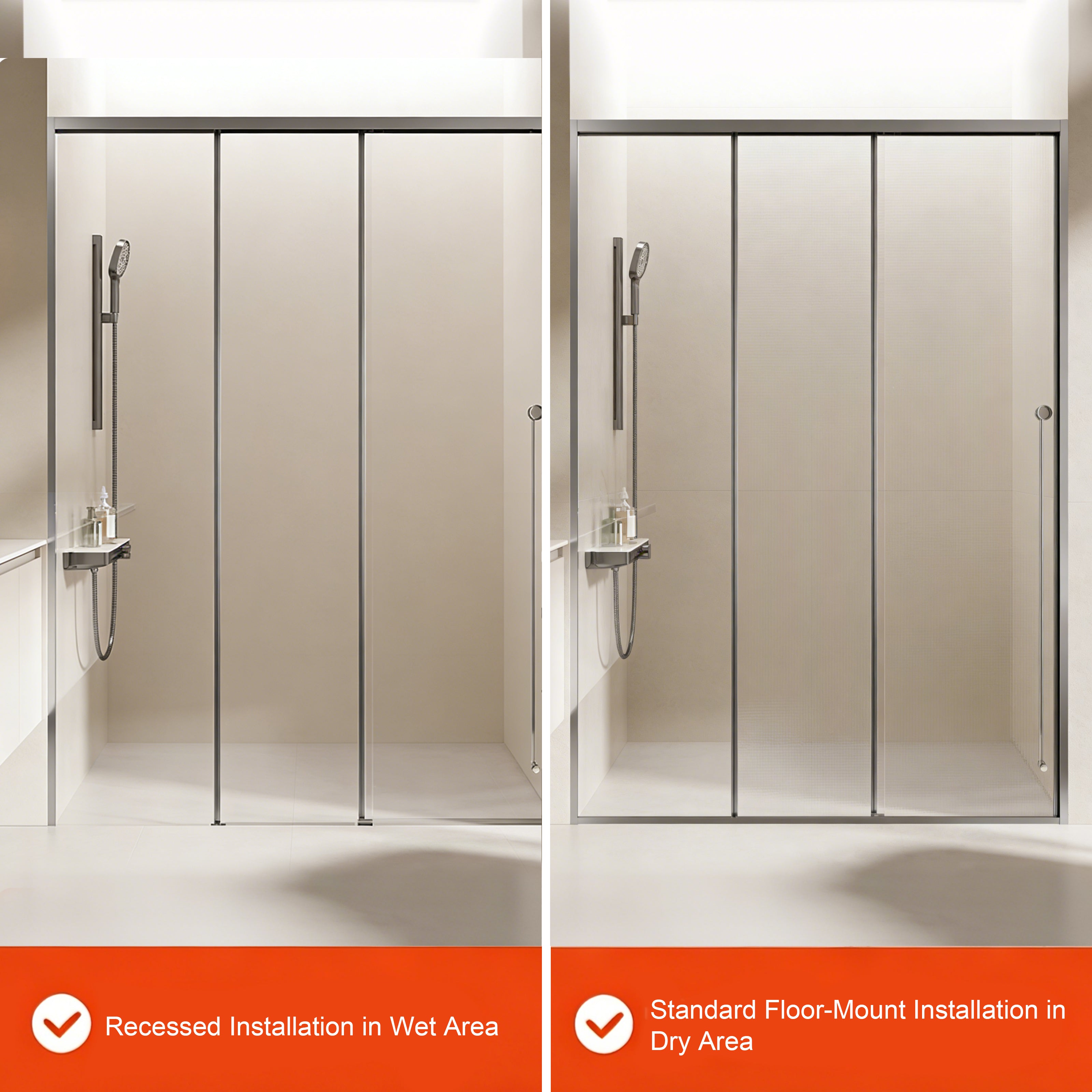 3-Panel Sliding Recessed Semi-Frameless Shower Door with 5/16" Laminated Tempered Glass