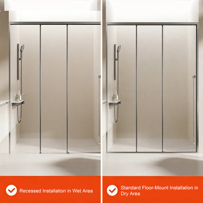 3-Panel Sliding Recessed Semi-Frameless Shower Door with 5/16" Laminated Tempered Glass